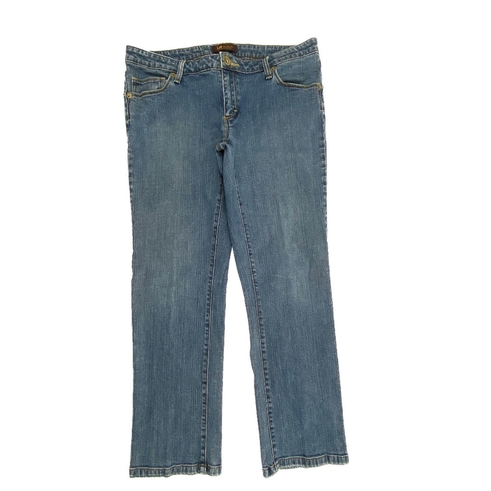 Lee Straight Leg Back Flap Pockets Women's size 14P Medium Wash Blue Denim jeans